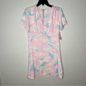 New BP Cream Pink Blue Camouflage Print A Line Short Sleeve Dress Women's size L